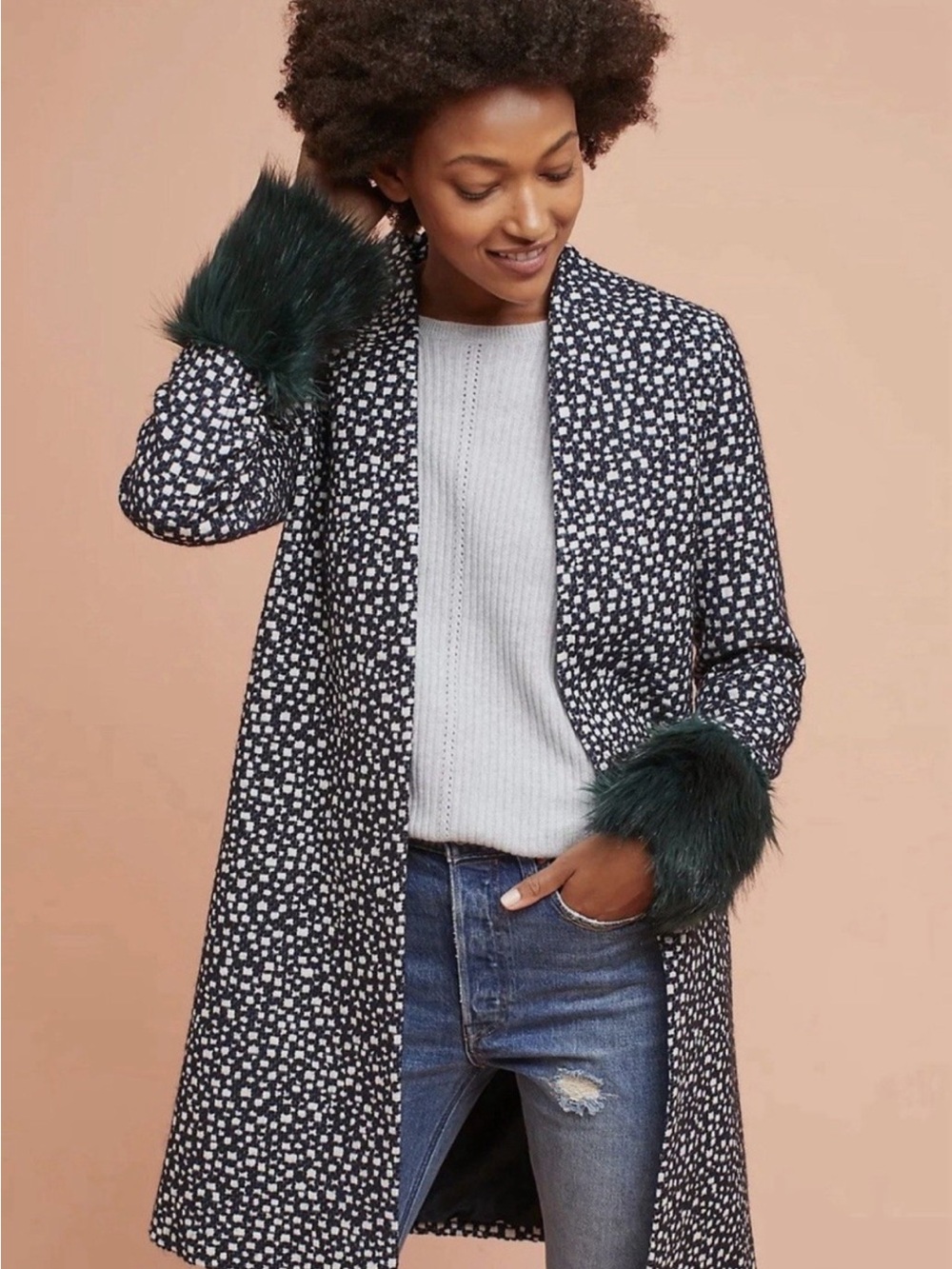Anthropologie x Helene Berman Coat Rains Faux Fur Cuff Spotted Black White 4